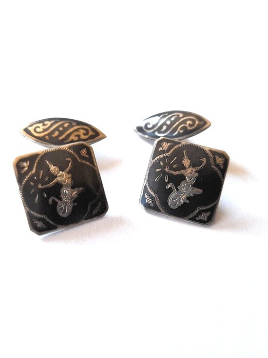 Vintage Other - Vintage Siam Sterling Silver Cufflinks Niello Black Square Chain Link
